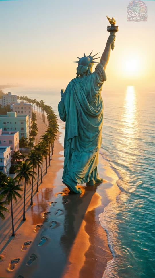 Cena do comercial Sabores da América: Estátua da Liberdade caminhando pela praia ao pôr do sol